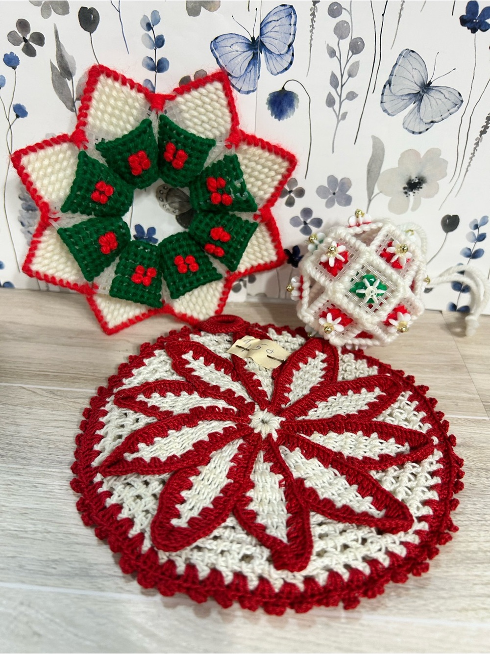 Vintage Handmade Christmas Crochet Set - Star Wreath, Poinsettia Trivet & Orname